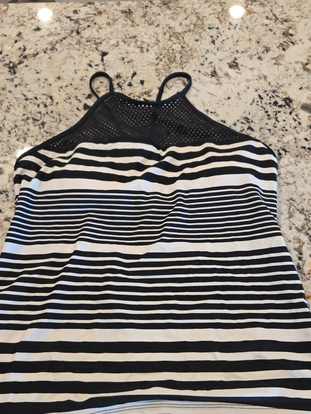 Striped Black and White Swim Tank Top with Mesh Yoke
